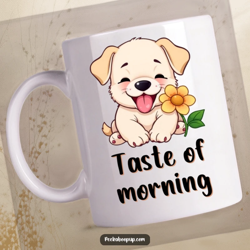 Funny mug featuring a happy puppy giving a big, slobbery lick to a colorful flower, capturing pure canine delight.