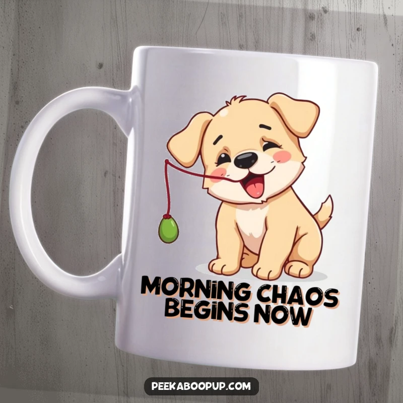 Funny Puppy Mug: A playful dog intensely batting at a dangling string, full of canine joy