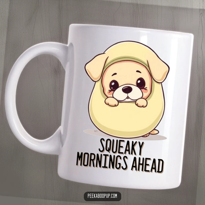 Funny mug showcasing a cute puppy with wide, curious eyes peeking out from behind a ridiculously oversized, brightly colored squeaky toy.