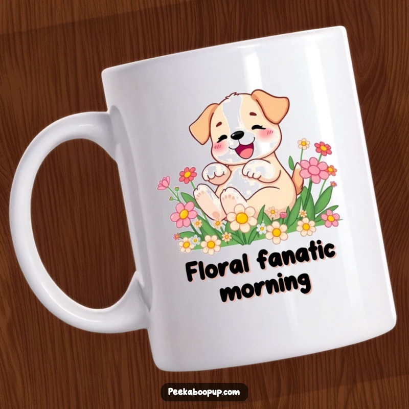 Funny Mug showing a blissful puppy rolling joyfully amidst colorful cartoon flowers, radiating happiness.