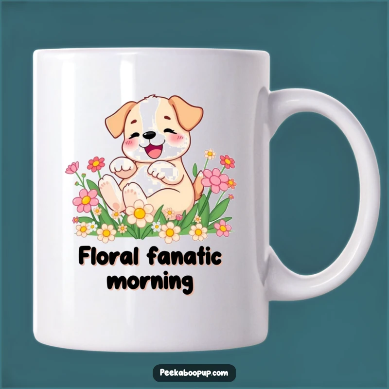 Funny Puppy Rolling in Flowers Mug: Joyful & Hilarious Dog Lover's Gift
