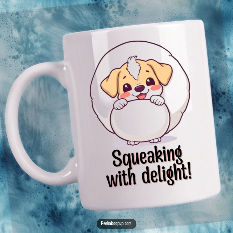 Funny puppy character with big eyes peeking out from behind a giant squeaky toy with an expression of pure delight on a mug.