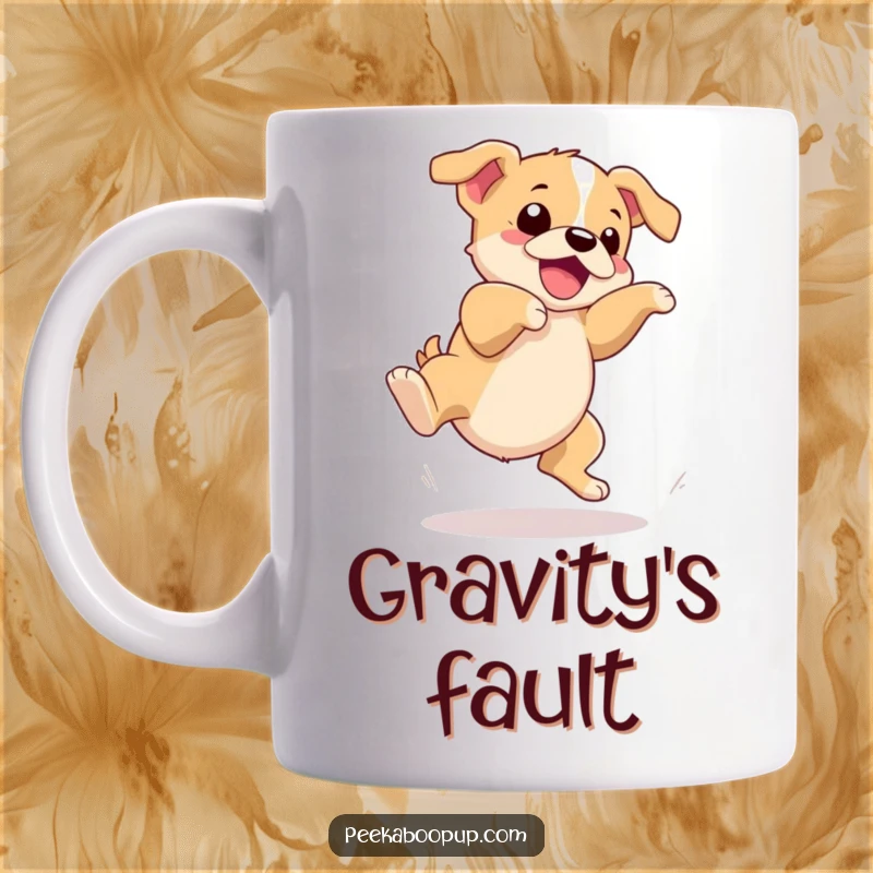 Funny mug featuring a cute puppy comically tripping over its own feet mid-leap, capturing a moment of hilarious canine effort.