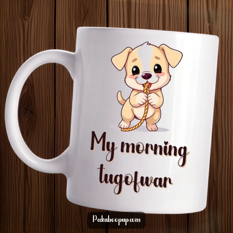 Funny puppy mug showing a determined puppy playfully tugging on a rope, full of energy and mischief.