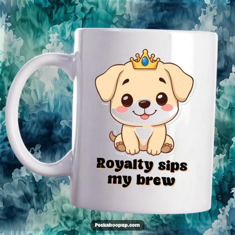 Funny Royal Puppy Mug featuring a cute character with a gentle smile and a small crown, looking absolutely charming and regal.