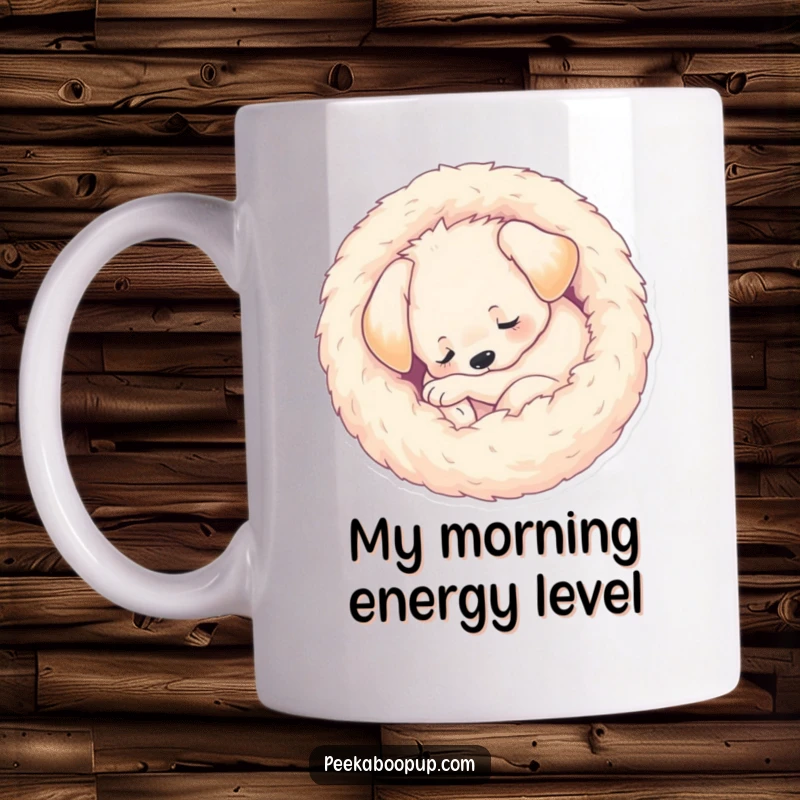Funny Mug featuring a sleeping puppy curled into a perfect, cozy, fuzzy ball, radiating ultimate comfort and cuteness for dog lovers.
