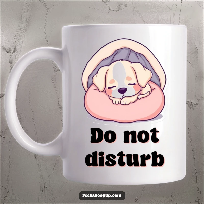 Funny mug depicting a contented, sleepy puppy nestled soundly in a soft, inviting bed.