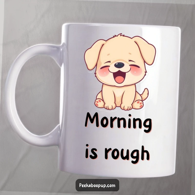 Funny puppy with a huge, happy yawn, showing sleepy contentment on a mug.