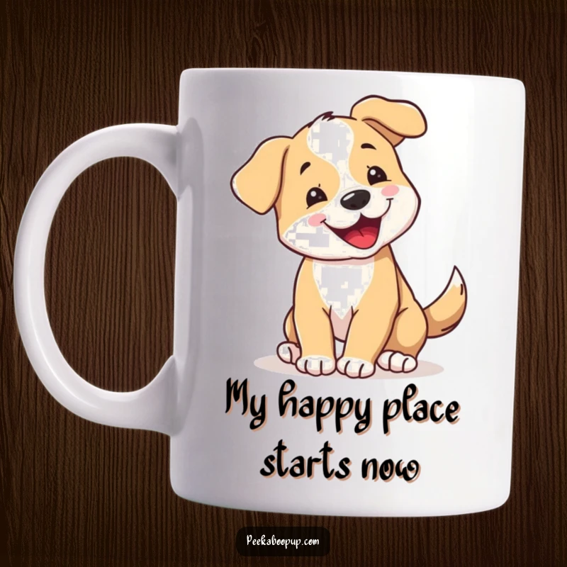 Funny Coffee Mug: Happy puppy with tail wagging so hard it spins, capturing pure, infectious joy. A delightful gift for dog lovers.