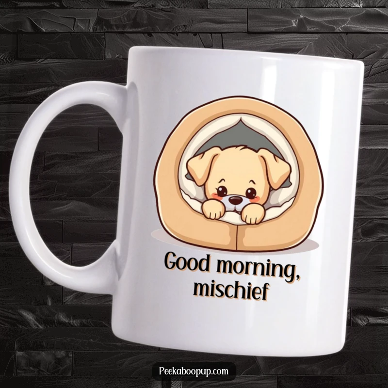 Funny mug with a playful puppy peeking out of a cozy dog bed with a mischievous glint in its eyes.