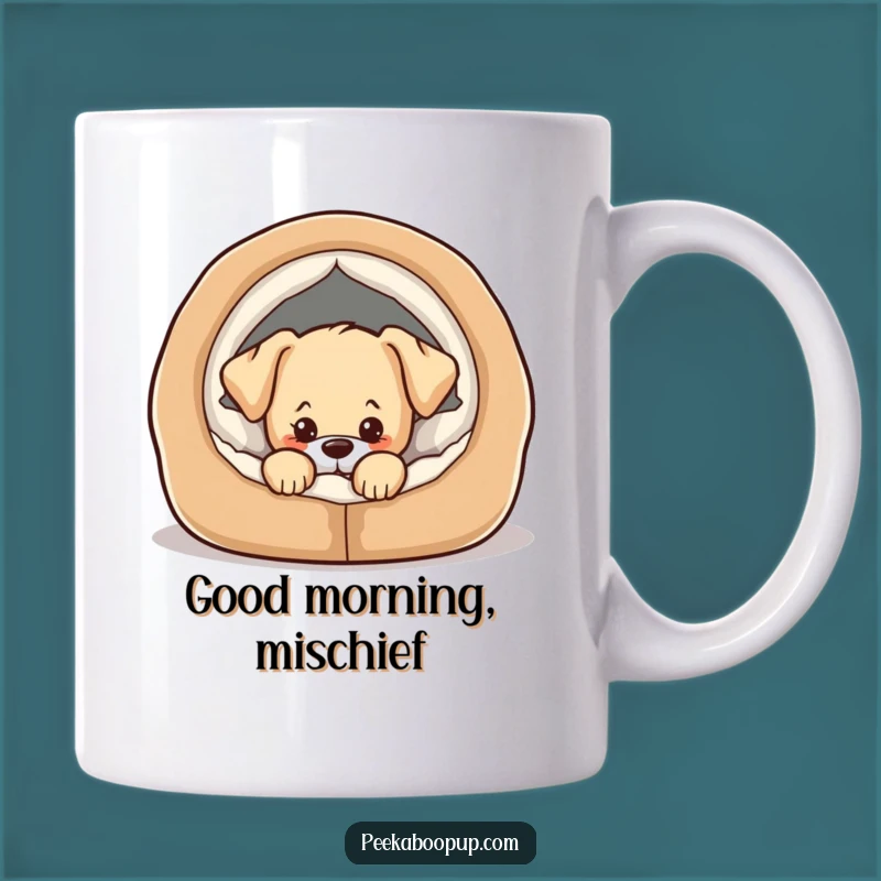 Funny Mischief Puppy Mug - Cozy Bed Peek, Perfect Humorous Dog Gift!