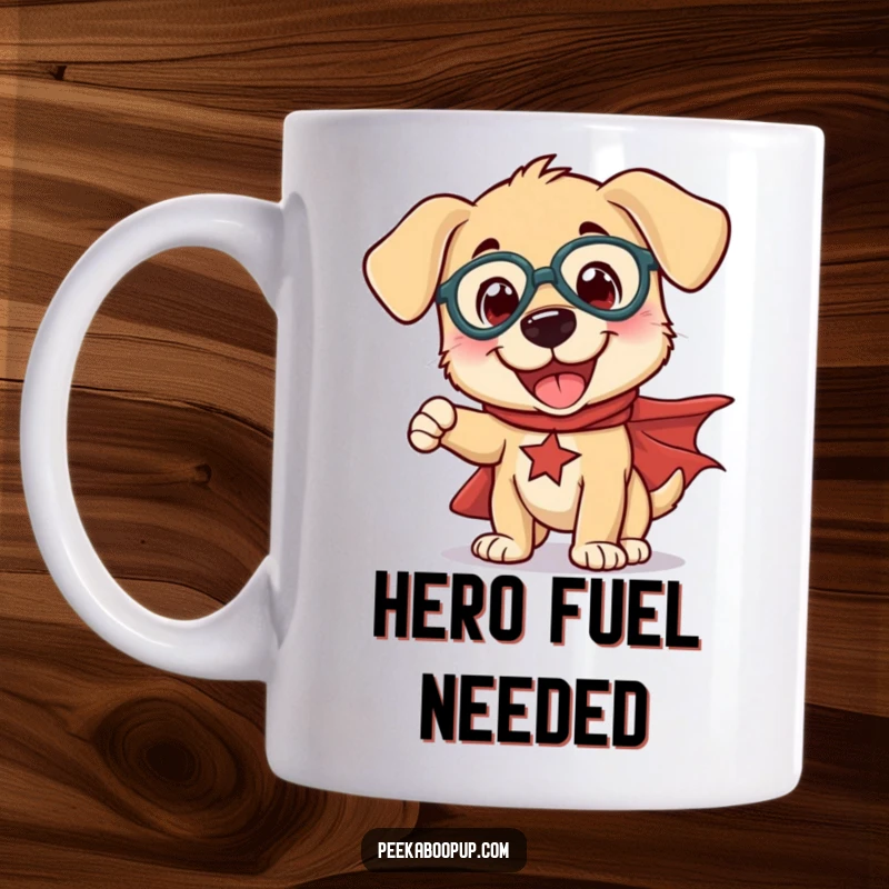 Funny mug showing a happy puppy wearing a superhero cape and striking a comical, heroic pose.