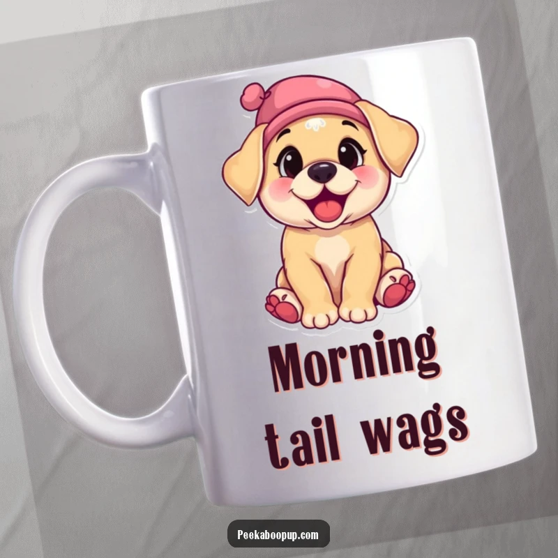 Funny mug showcasing a small, fluffy puppy with a wide grin, head tilted, wearing a tiny party hat tipped jauntily askew.