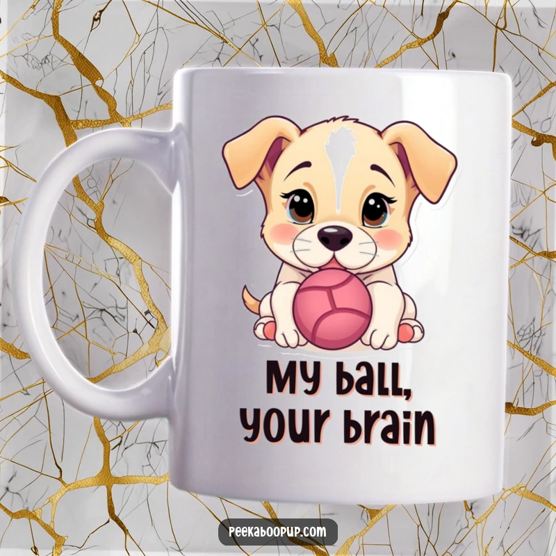 Funny Mug featuring a mischievous puppy playfully nudging a red ball with its nose, perfect for dog enthusiasts.