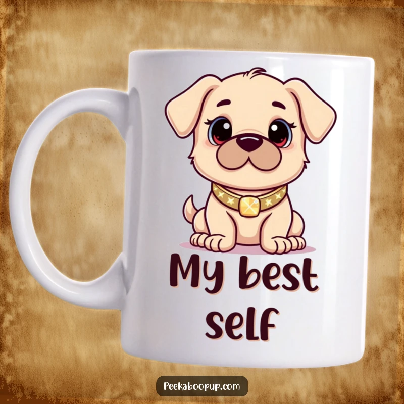 Funny mug showing a proud puppy wearing a sparkling collar and striking a confident, self-assured pose.