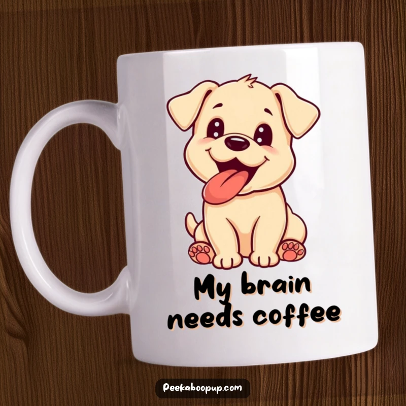 Funny puppy mug with a detailed illustration of a happy dog panting with its tongue lolling out, conveying sheer excitement and joy.