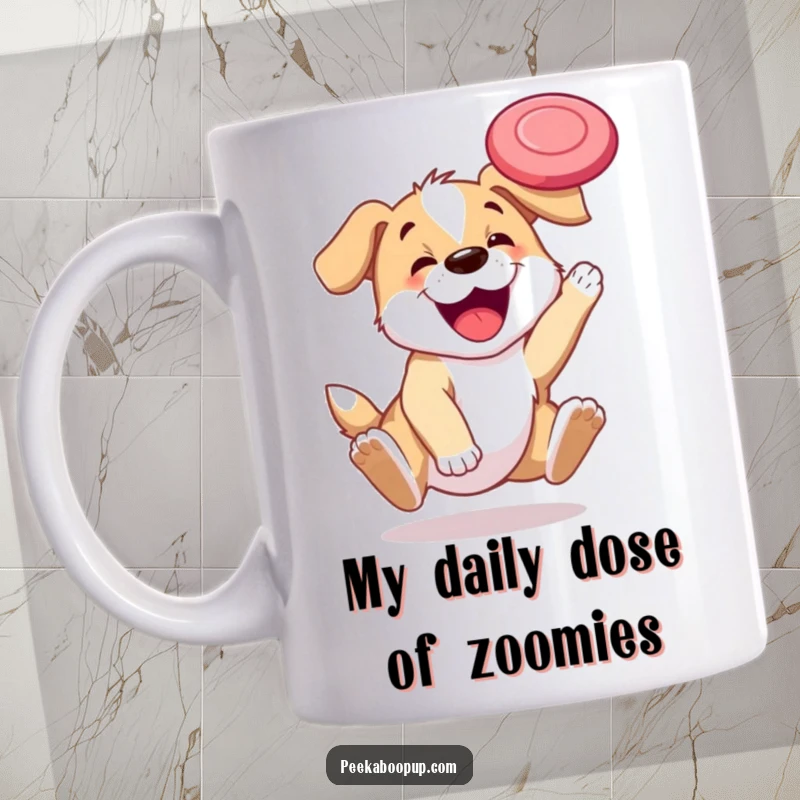 Funny puppy mug showing a joyful dog leaping to catch a frisbee in mid-air with excitement.