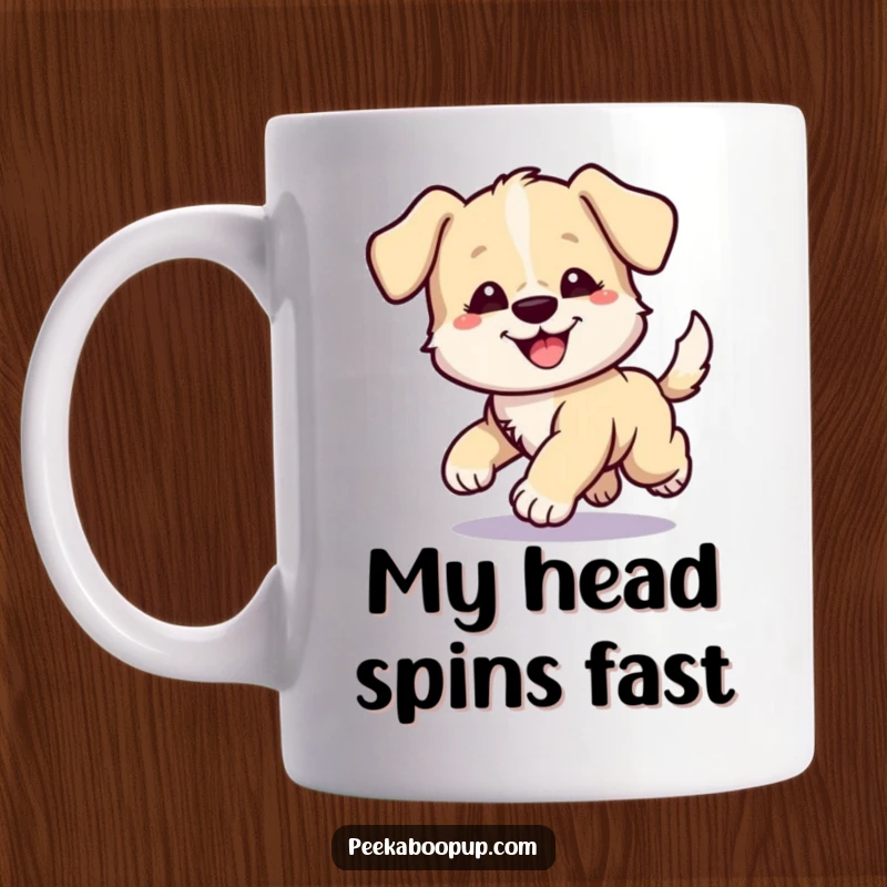 Funny mug featuring a cartoon puppy with a comical, dizzy expression, gleefully chasing its own tail in a tight, happy circle.