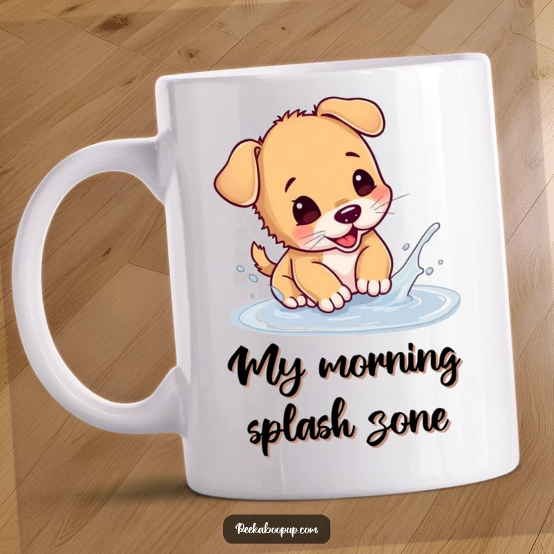Funny puppy mug showing a happy puppy enthusiastically splashing water in a tiny puddle, full of playful energy.
