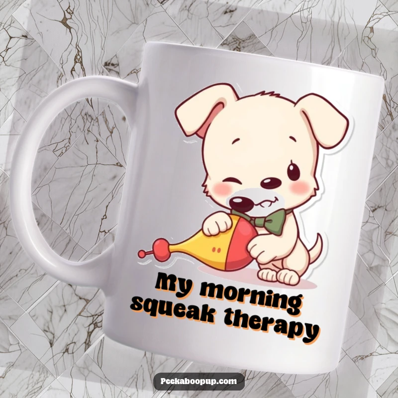 Funny mug with a mischievous puppy in a bowtie, gleefully chewing a squeaky toy, embodying pure, unadulterated doggy joy and chaos.