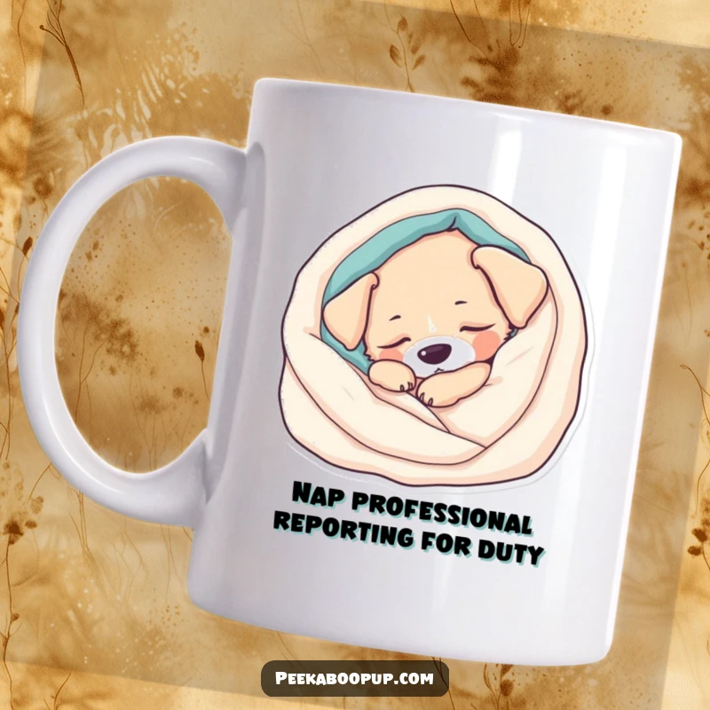 Funny Mug: A sleepy puppy is curled up cozily in a soft blanket, exuding peace and warmth. A perfect gift.