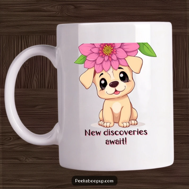 Funny Curious Puppy Mug: A puppy with wide, wondering eyes sniffing a giant, colorful flower