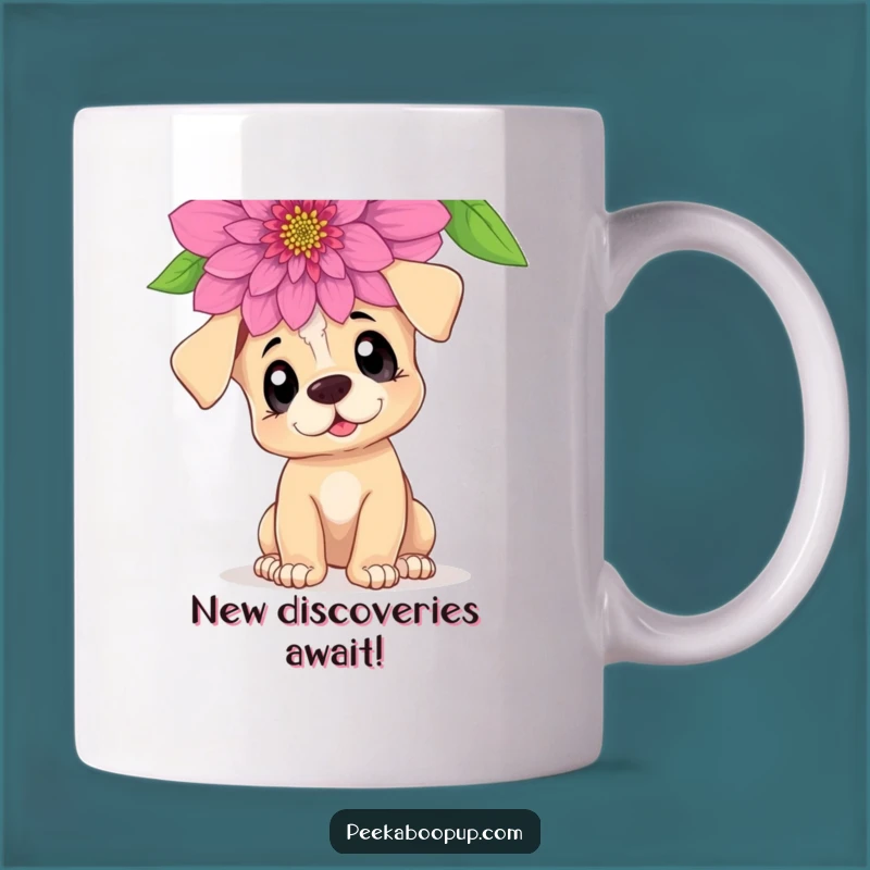 Funny Curious Puppy Mug: Whimsical Floral Encounter Gift for Dog Lovers