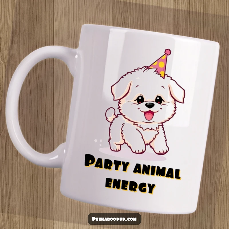 Funny mug showcasing a fluffy puppy wearing a party hat, hilariously chasing its own tail with glee.