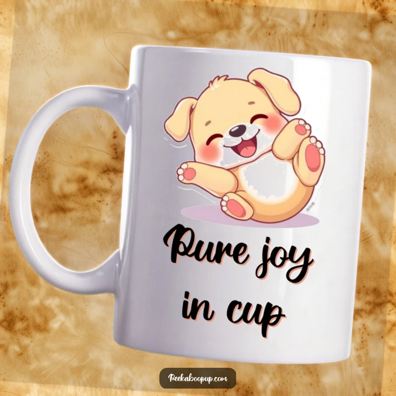 Funny Happy Puppy Roll Mug showing a dog with a joyful expression, gleefully rolling on its back in pure delight.