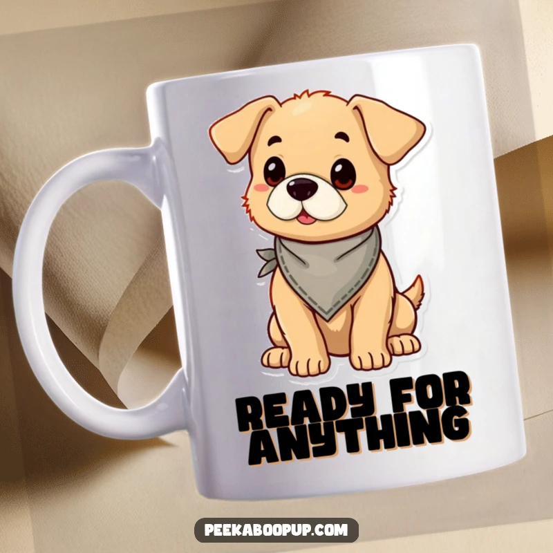 Funny puppy wearing a small bandana, standing tall and proud in a confident pose on a mug.