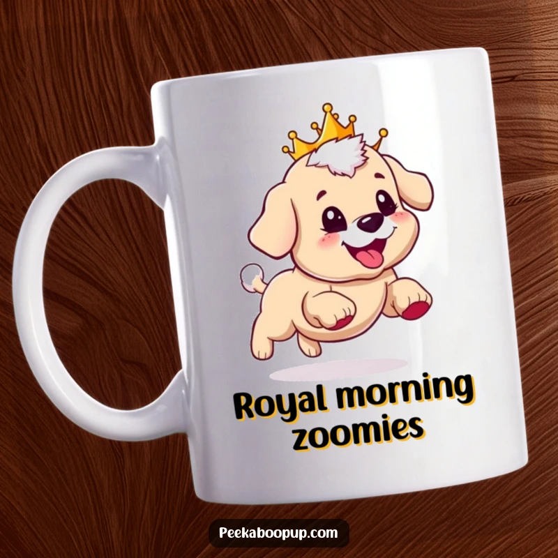 Funny mug with a cute puppy wearing a golden crown, happily chasing its tail with a wide, grinning expression.