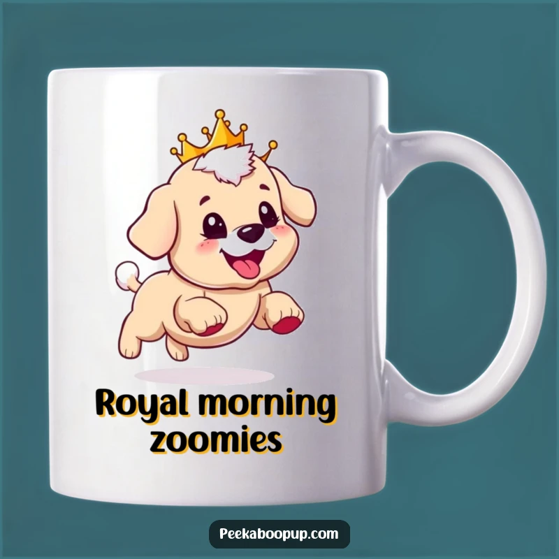 Funny Royal Puppy Mug: Crowned Pup Chasing Tail, Hilarious Gift for Dog Lovers