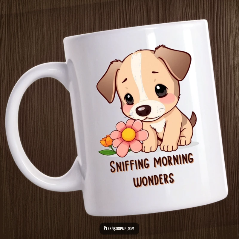 Funny mug with a curious puppy gently sniffing a colorful flower with intrigue and a focus expression.