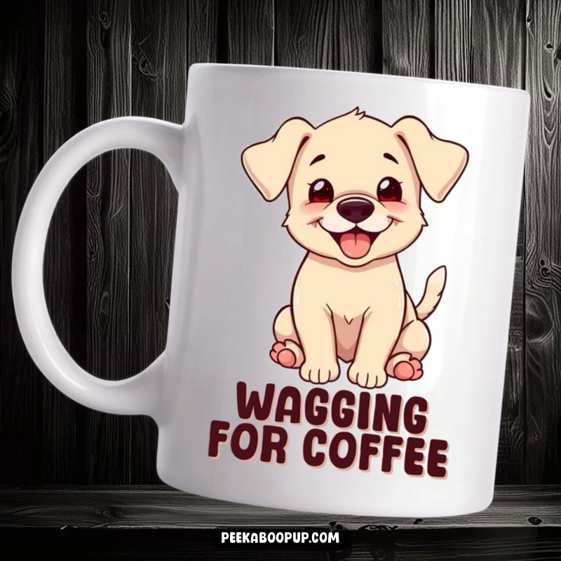 Funny puppy with floppy ears and a huge grin, wagging its tail furiously on a mug, radiating pure excitement and happiness.