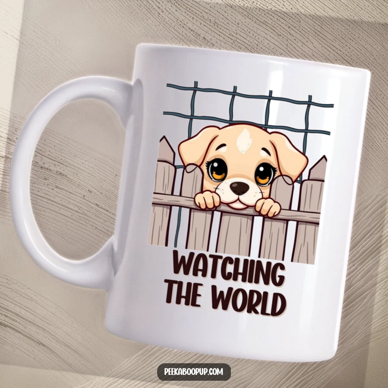 Funny mug illustration of a curious puppy with large, innocent eyes peeking cautiously from behind a wooden fence.