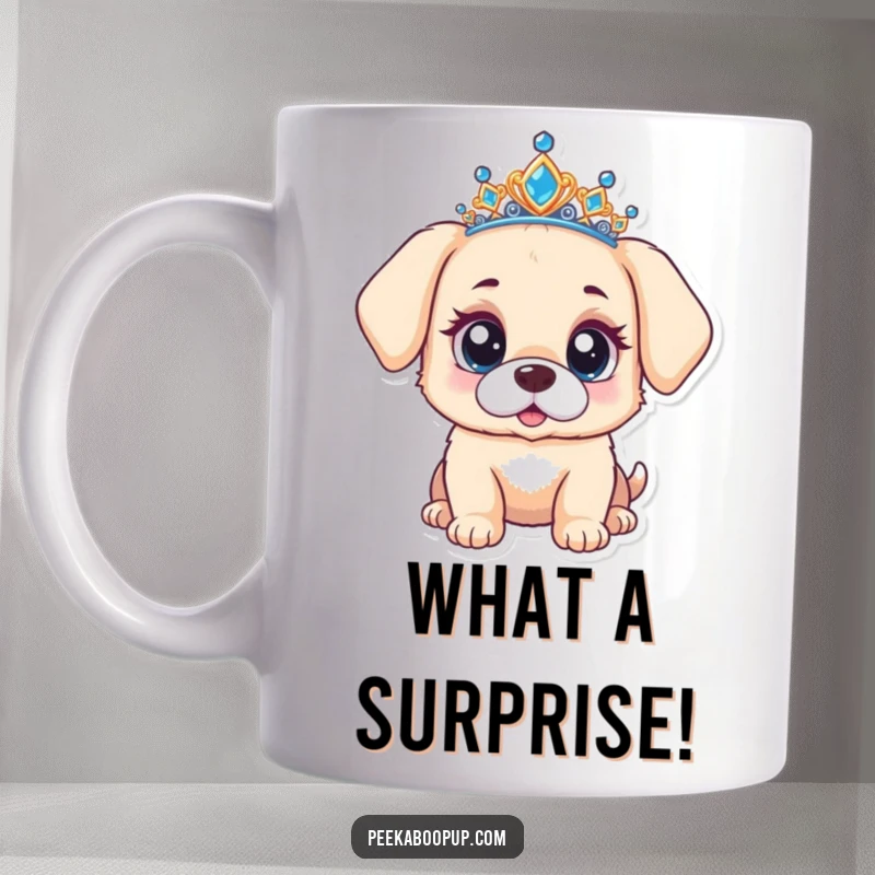 Funny mug featuring a cute puppy wearing a tiara, looking extremely surprised with very wide, curious eyes.