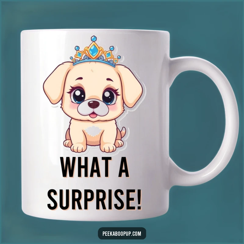 Funny Surprised Puppy Mug: Tiara Pup Wide-Eyed Wonder, Hilarious Gift for Dog Lovers