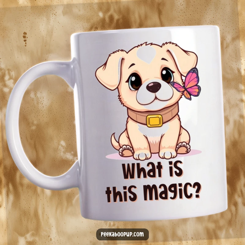 Funny mug showcasing a cute puppy wearing a comically large collar, gazing with wide-eyed curiosity at a delicate butterfly.