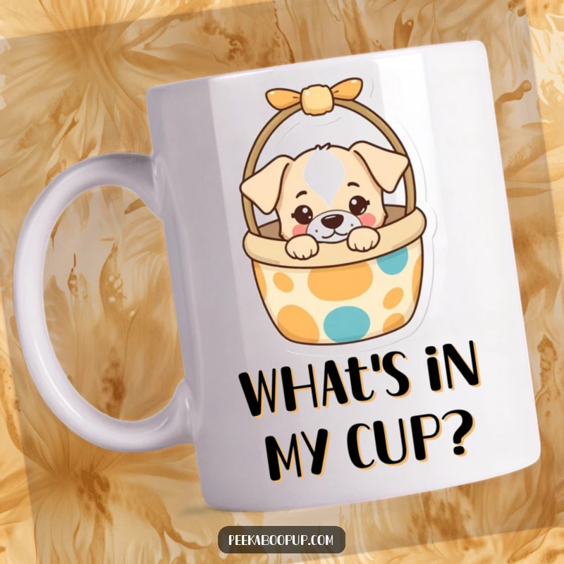 Funny Mug featuring a curious puppy peeking mischievously from a colorful dog toy basket, radiating playful energy and charm for dog lovers.
