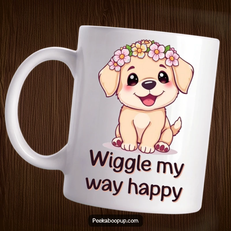 Funny cute puppy wearing a flower crown, captured mid-wiggle with pure joy, perfect for a cheerful morning.