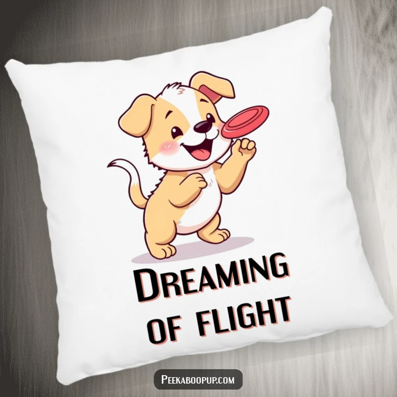 Funny and soft pillow featuring a happy puppy with a wagging tail trying to catch a frisbee mid-air, perfect for sofas.
