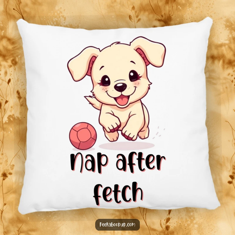 Funny and soft pillow featuring a cute puppy with floppy ears joyfully chasing a red bouncing ball, perfect for sofas and beds.