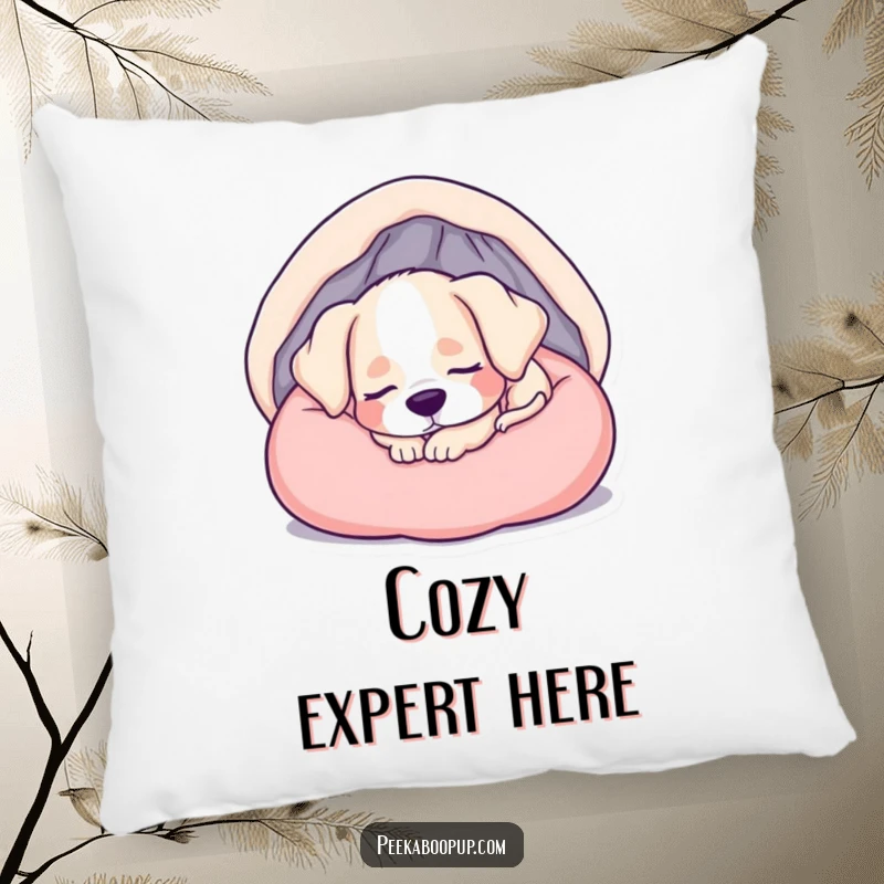 Funny decorative pillow showcasing a sleepy puppy curled up in a soft bed, perfect for relaxation and comfort.