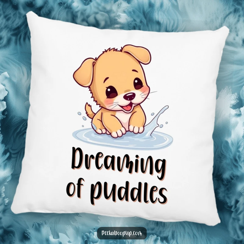 Funny puppy pillow featuring a happy dog splashing in a puddle, offering comfort and a playful, humorous touch.