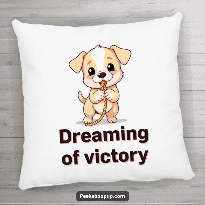 Funny puppy pillow featuring a cute puppy tugging on a rope, offering comfort and a humorous touch to any room.