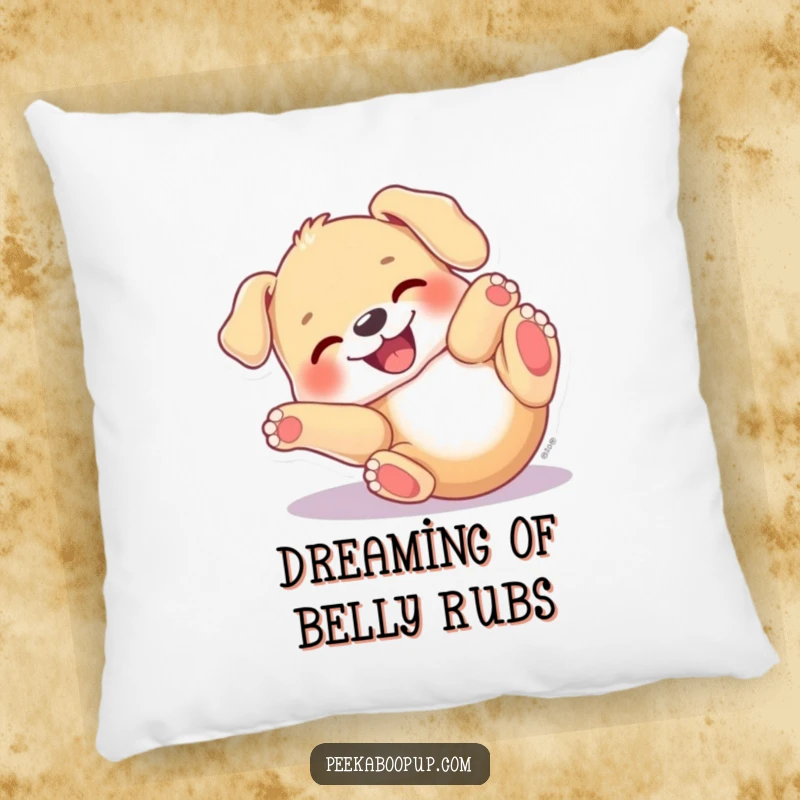 Funny Puppy Roll Pillow showing a dog with a joyful expression, rolling on its back in a state of pure, cozy delight.