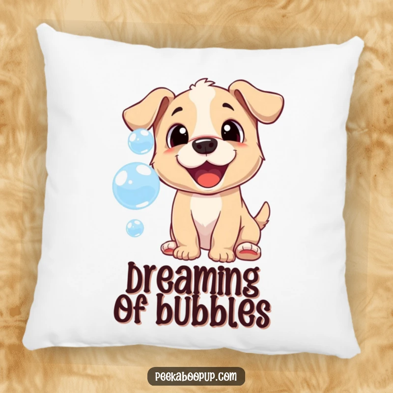 Funny pillow featuring a cheerful puppy playfully trying to catch iridescent bubbles, bringing joy and comfort.