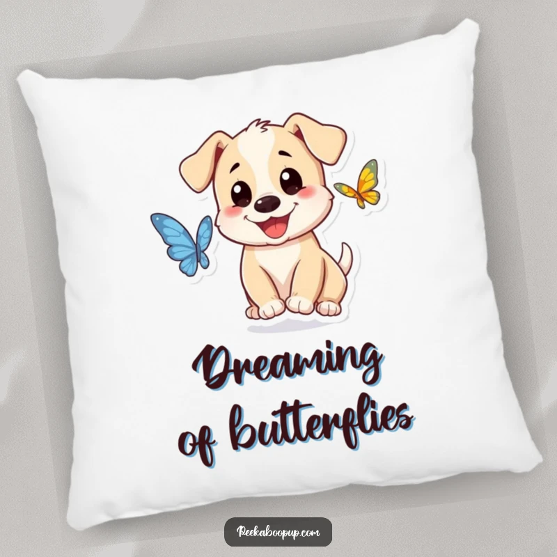 Funny puppy character pillow, smiling and chasing a butterfly, providing cozy comfort and joyful humor.