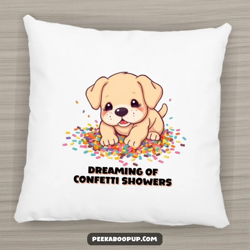 Funny Pillow: A sweet puppy nestled amongst a huge pile of vibrant, scattered confetti, a picture of pure delight.