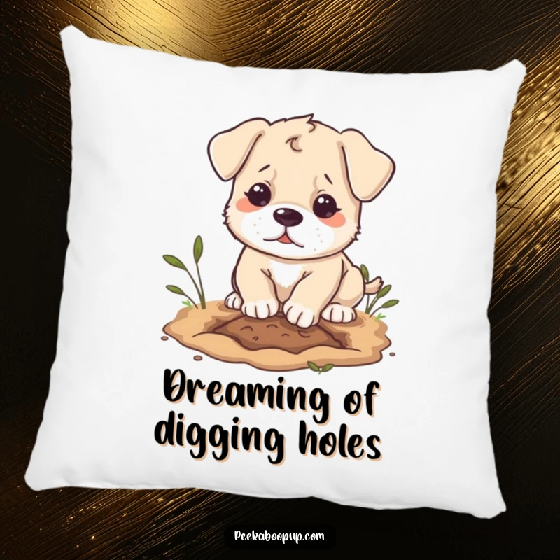 Funny puppy character pillow, digging with determination, providing cozy comfort and canine humor.